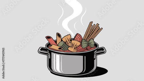 Create a kinds of deferent pasta in a pot vector art with white background.