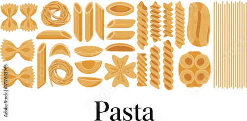 Create a kinds of deferent pasta vector art with white background.
