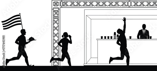 Silhouette of people running, serving drinks, celebrating at refreshment stand or finish line, black vector illustration of event activity scene