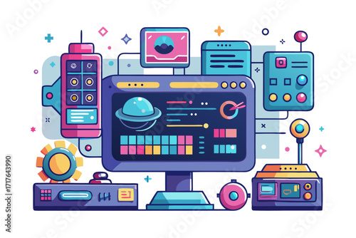 Creative 3D illustration showing software development, programming code windows, debugging tools, and colorful tech icons. Perfect for concepts related to coding, web development, app design, artifici