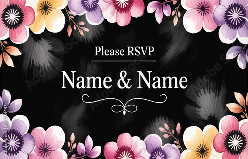 Elegant floral wedding invitation template with a beautiful border of colorful watercolor flowers on a black background design