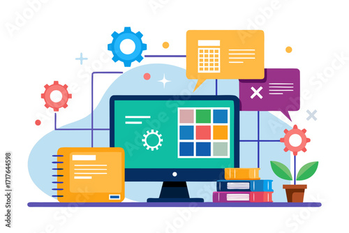 Creative 3D illustration showing software development, programming code windows, debugging tools, and colorful tech icons. Perfect for concepts related to coding, web development, app design, artifici