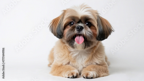 Adorable shih tzu dog sitting on a white background, showcasing its fluffy coat and expressive eyes