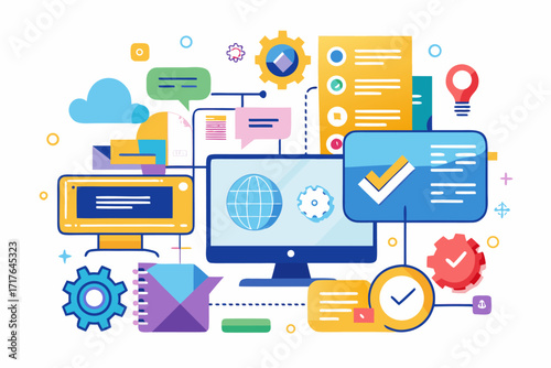 Creative 3D illustration showing software development, programming code windows, debugging tools, and colorful tech icons. Perfect for concepts related to coding, web development, app design, artifici