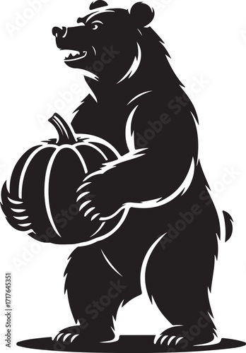 Halloween bear clutching pumpkin silhouette vector