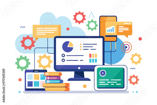 Creative 3D illustration showing software development, programming code windows, debugging tools, and colorful tech icons. Perfect for concepts related to coding, web development, app design, artifici