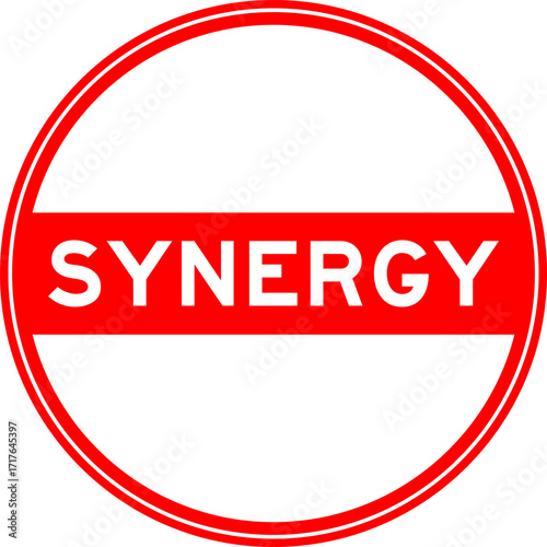 Red color round seal sticker in word synergy on white background