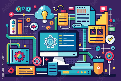 Creative 3D illustration showing software development, programming code windows, debugging tools, and colorful tech icons. Perfect for concepts related to coding, web development, app design, artifici