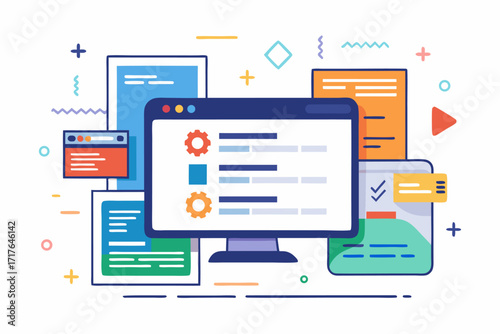 Creative 3D illustration showing software development, programming code windows, debugging tools, and colorful tech icons. Perfect for concepts related to coding, web development, app design, artifici