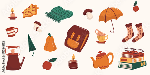 Cute autumn cozy clipart set with seasonal elements. Collection of autumn clipart featuring cozy seasonal items like socks, tea, books, pumpkins, candles, mushrooms, and umbrellas in warm tones.