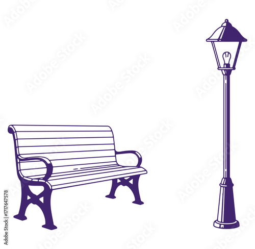 Vector illustration of a park bench and a classic lamppost on a white background