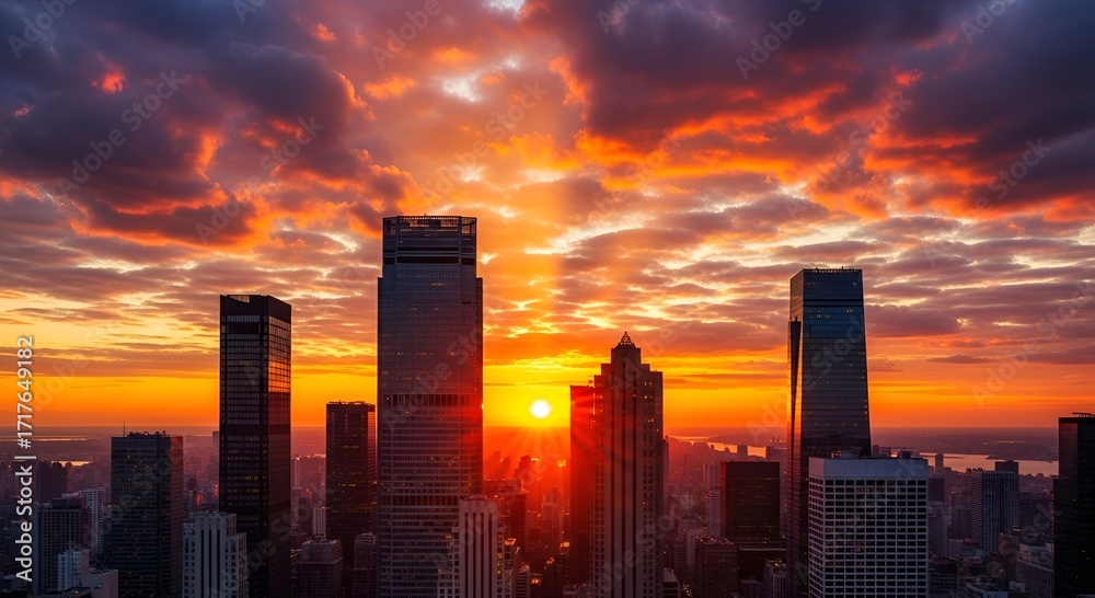 Fototapeta premium A breathtaking cityscape view of skyscrapers silhouetted against a vibrant sunset sky in beijing, china, with the sun setting behind the buildings creating a stunning urban landscape
