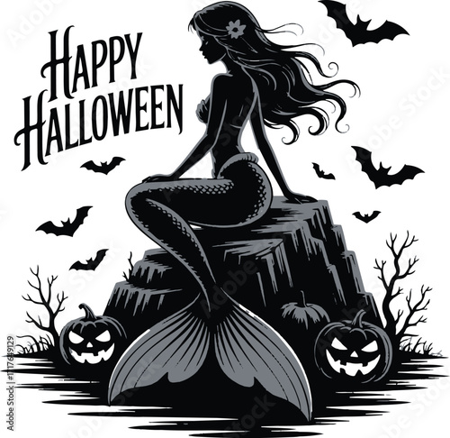 Halloween mermaid rock silhouette design