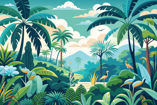 Tropical Jungle Landscape with Palm Trees and Birds in Teal Hues