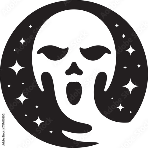Halloween minimal line art ghost moon silhouette vector