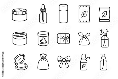 Ribbon eco wooden tin vector jute sachet compostable recycled cosmetic icons pump