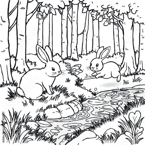 Funny children's fairytale seamless pattern with cartoon birds, rabbits and a cat on a tree, black and white outline vector illustration for a coloring book