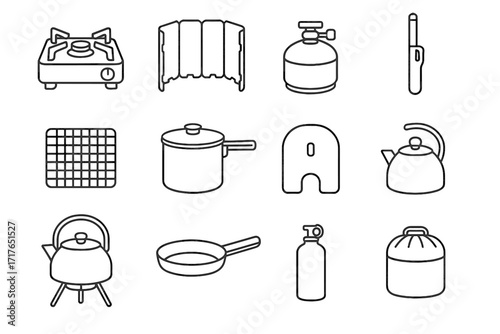 Windscreen grill bottle icons stove pot frying camping stand icon vector
