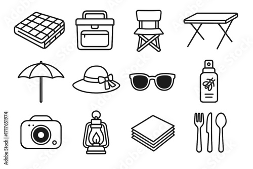 Vector table sunglasses essentials blanket icons napkins umbrella hat picnic cooler icon