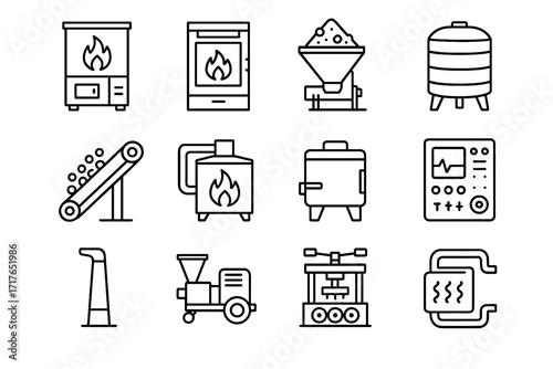 Icons wood briquette panel energy icon biomass vector chamber press heat control