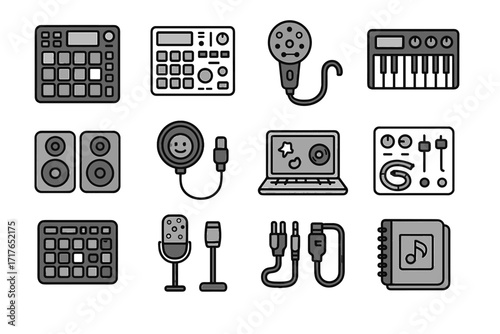 Vector synth gear music fun sampler mixer laptop icon creative stickers compact