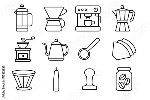 French press dripper machine filter set coffee icon scoop pot vector