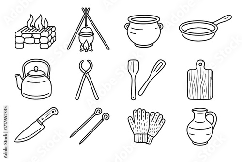 Fire tripod wool cooking gear gloves iron rustic icon vector knife open