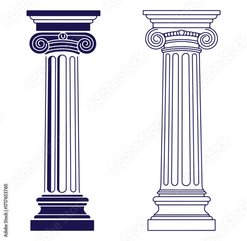 Detailed vector illustration of two elegant greek ionic columns with architectural detailing
