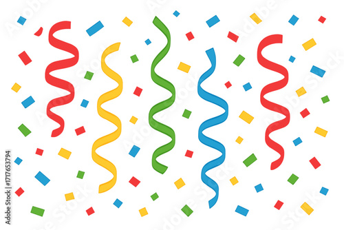 Confetti and streamers falling. Colorful serpentine vector background. Flat cartoon illustration for party, celebration, birthday, carnival, festival. Transparent isolated design.