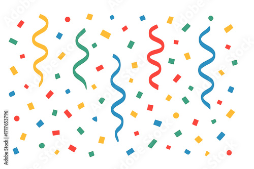 Colorful confetti and serpentine streamers falling. Festive party background for celebration, birthday, or carnival. Flat style vector cartoon illustration on transparent.