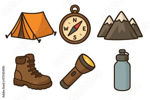Camping and hiking icon set. Essential outdoor adventure gear. Collection of vector icons including tent, compass, mountains, boot, flashlight, and water bottle.