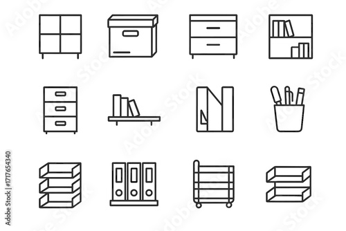 Office icons organizer icon archive shelf sorter storage pen cart rack vector
