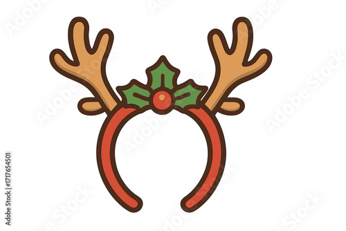 Christmas reindeer antlers headband icon. Cute cartoon vector illustration for a holiday party costume. Festive hair accessory with deer horns and holly for Xmas decoration.