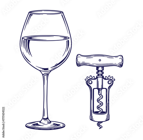 Elegant illustration of a wine glass with wine and a corkscrew on white background
