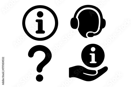 Information icon set silhouette. Customer support, help desk, and call center symbols. Question mark and operator headset vector graphics for web and contact us page.