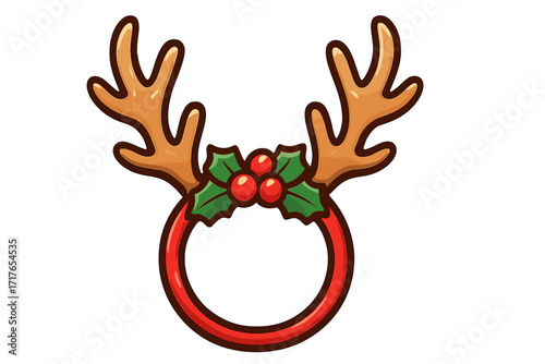 Christmas reindeer antlers headband icon. Festive holiday party costume accessory. Cute cartoon vector illustration. Deer horns with holly and berries. Funny Xmas photo booth prop.