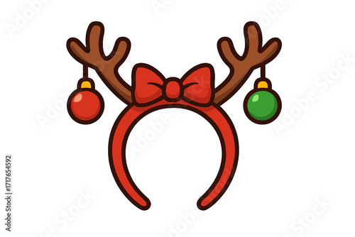 Christmas reindeer antlers headband with red bow and ornaments. Vector cartoon icon for holiday party costume accessory. Festive fun decoration isolated on white background.