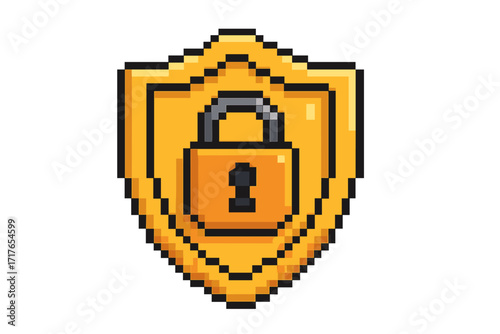 Pixel art shield with lock icon. Cyber security concept. 8-bit retro video game style. Data protection and privacy symbol. Safety, defense sign. Vector illustration for web.