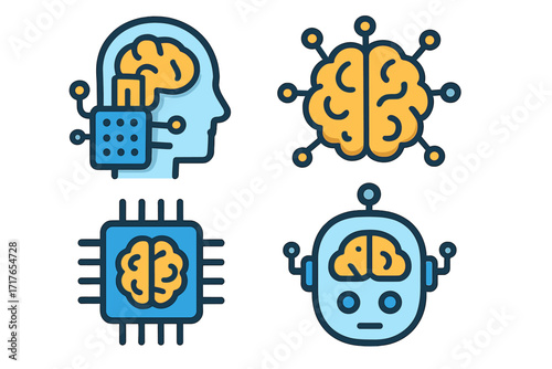Artificial intelligence icon set. Machine learning, deep learning concepts. Robot head, human cyborg profile, brain cpu chip. Future technology vector cartoon symbol collection.