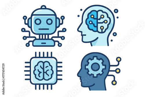 Artificial intelligence icon set. AI concept with robot, cyborg head, machine brain and processor chip. Vector symbols for technology, automation and deep learning innovation.