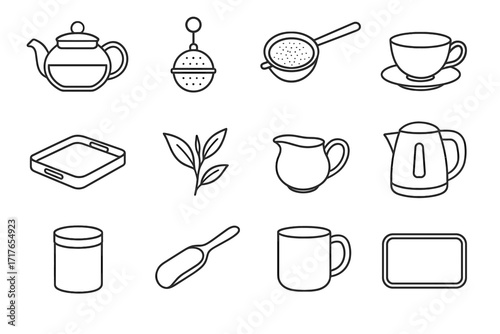 Infuser glass teapot saucer strainer cordless accessories icons vector container tea icon