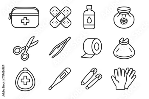 Kit first aid stick icon bandages angled safety gauze vector pins