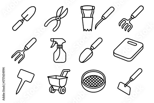 Tools hoe vector kneeling hand icon planter gardening scissors sifter plant compact