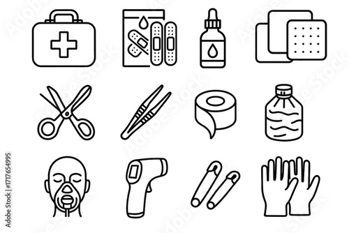 Icon scissors square gauze vector ice infrared bottle iodine first aid bandages