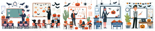 vector of a person teaching with halloween classroom decorations