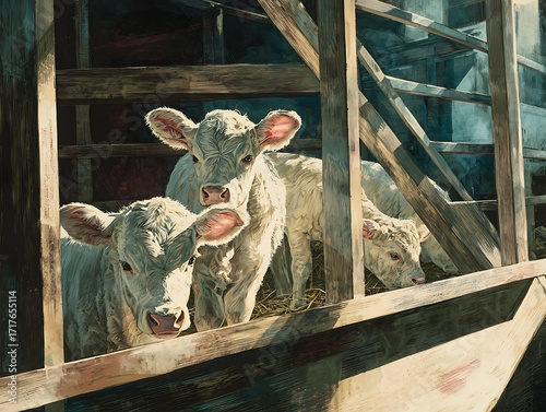 Three young, light-colored calves peer out from a rustic wooden enclosure, bathed in the warm glow of sunlight filtering through the slats.