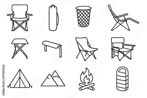 Set carrying camping tent icon storage option armrest lightweight symbol vector bag