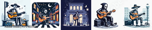 vector musician playing guitar in city street