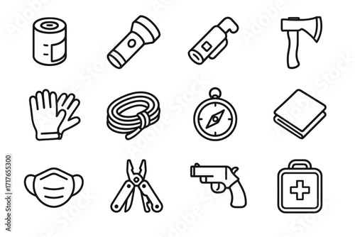 Emer blanket survival vector mask emergency gun flashlight bag icon whistle