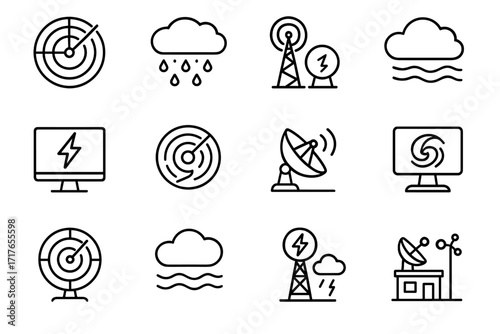 Waves screen radar icon data cloud weather vector detection tower